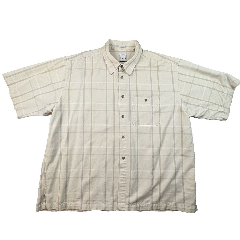 Geoffery Beene Men's 2XL Cream Beige Plaid‎ Twill SS Button Up SEE DESCRIPTION